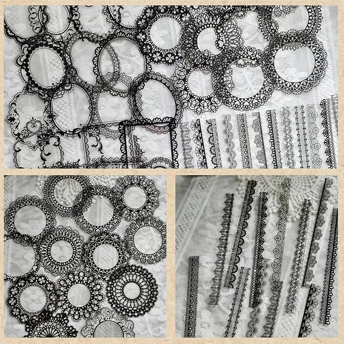 PRSTINCOL 120 PCs Lace Scrapbook Stickers,Waterproof Cutout Transparent Sticker PET Transparent Lace Stickers for Scrapbooking DIY Decoration Making Notebook Frame Album Handmade(Black)