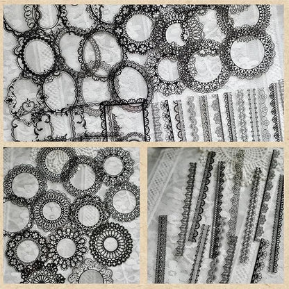 PRSTINCOL 120 PCs Lace Scrapbook Stickers,Waterproof Cutout Transparent Sticker PET Transparent Lace Stickers for Scrapbooking DIY Decoration Making Notebook Frame Album Handmade(Black)