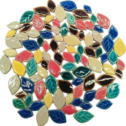 Glazed Ceramic Mosaic Tiles for Crafts, 1.1lb Leaf Petal Tiles for Mosaic Crafts, Assorted Porcelain Ceramic Tiles for Mosaic Making Kits Art Projects and Outdoor Decorations