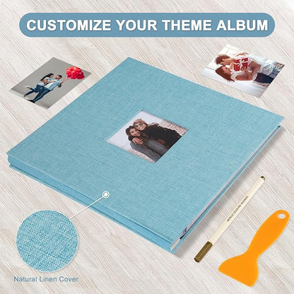 Self Adhesive Photo Album Black Pages Scrapbook Magnetic Photo Albums for 4x6 5x7 8x10 Pictures Books with Sticky Pages with A Metallic Pen for Baby Family Wedding 13.2x12.8 LightBlue 60 Pages