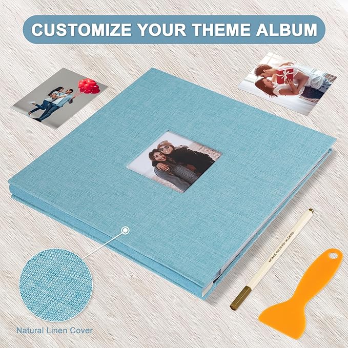 Self Adhesive Photo Album Black Pages Scrapbook Magnetic Photo Albums for 4x6 5x7 8x10 Pictures Books with Sticky Pages with A Metallic Pen for Baby Family Wedding 13.2x12.8 LightBlue 40 Pages