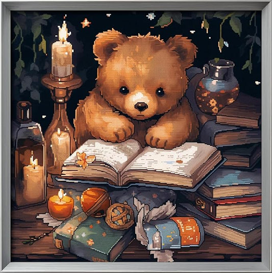 Leczany Cross Stitch Stamped Kits Patterns Craft Kit Needlepoint Full Range of Embroidery Starter Kits Beginners for DIY 11CT 3 Strands | Little Bear Reading Books 16.5×16.5 inches