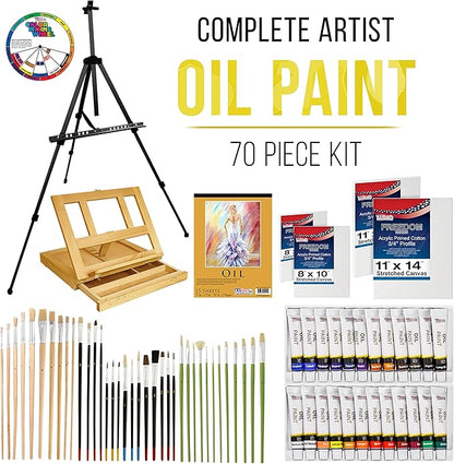 U.S. Art Supply 70-Piece Artist Oil Painting Set with Aluminum Field Easel, Wood Table Easel, 24 Oil Paint Colors, 37 Brushes, 2 Stretched Canvases, 6 Canvas Panels, Painting Pad, Palette & More