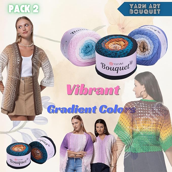 2 Skein Yarn Art Bouquet 100% Cotton 250grx2 550yardsx2 Multicolor Cotton Cake Yarn, Ombre More Softness, Gradient Rainbow Crochet Spring Summer Light 3, Top 5 Most Used Colors (Bouquet 722)
