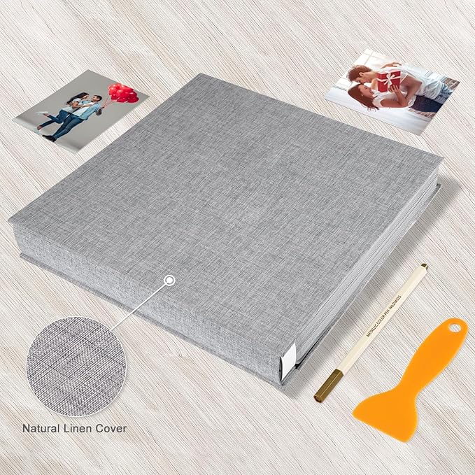 Photo Album Self Adhesive Pages Black Sticky Pages Large Scrapbook Linen Cover for 4x6 5x7 8x10 Pictures Album de Fotos Wedding Couples Baby Family Memory Book, 13.2x12.8 Grey 120 Pages