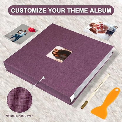 Self Adhesive Photo Album Black Pages Scrapbook Magnetic Photo Albums for 4x6 5x7 8x10 Pictures Books with Sticky Pages with A Metallic Pen for Baby Family Wedding 13.2x12.8 Purple 120 Pages