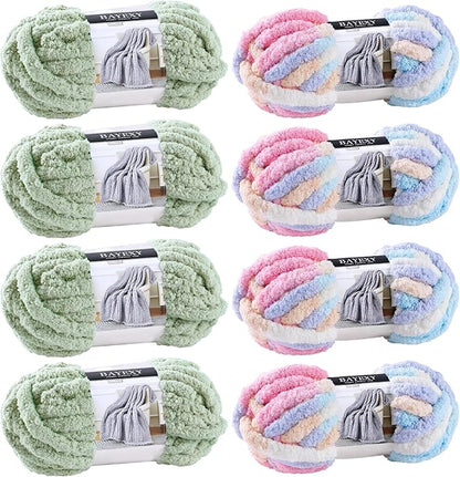 Chunky Chenille Yarn for Hand Knitting 8 Jumbo Pack Jumbo Chunky Yarn for Hand Soft Blanket Knitting, Bulky Thick Fluffy Yarn for Crocheting (Sage Green+Marshmallow Color)