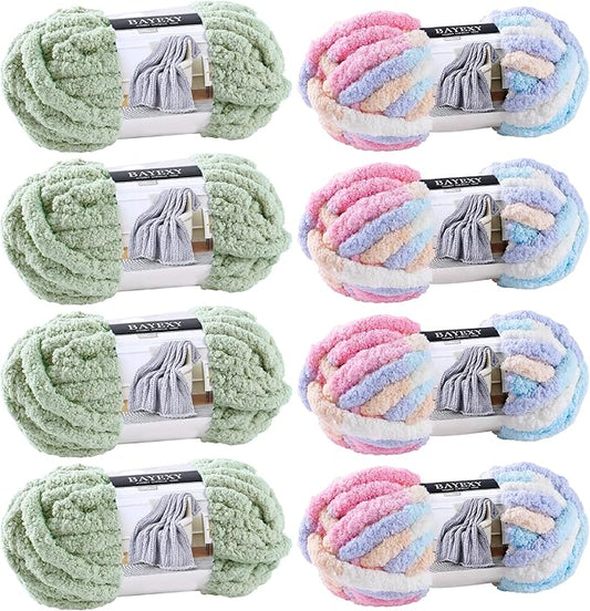 Chunky Chenille Yarn for Hand Knitting 8 Jumbo Pack Jumbo Chunky Yarn for Hand Soft Blanket Knitting, Bulky Thick Fluffy Yarn for Crocheting (Sage Green+Marshmallow Color)