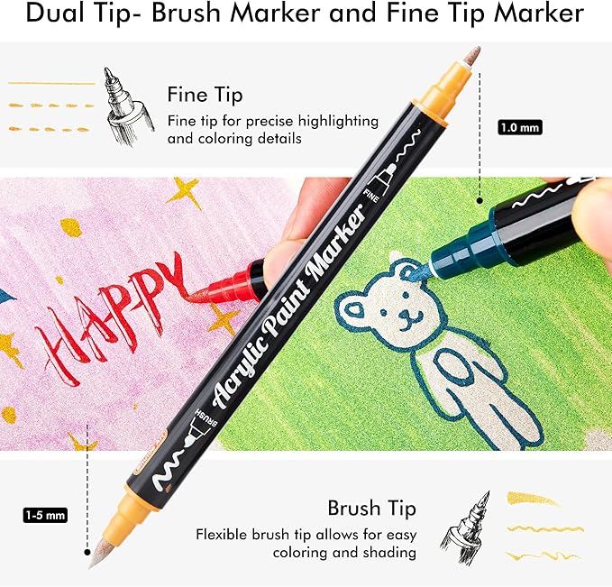 28 Metallic Colors Dual Tip Acrylic Paint Markers, Brush Tip and Fine Tip Acrylic Paint Pens for Rock, Ceramic, Wood, Canvas, Plastic, Glass, Stone, Calligraphy, Card Making, Crafts & Nail Art