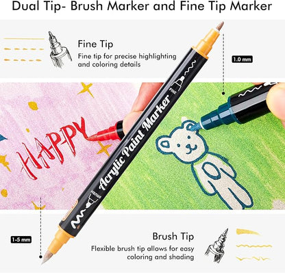 28 Metallic Colors Dual Tip Acrylic Paint Markers, Brush Tip and Fine Tip Acrylic Paint Pens for Rock, Ceramic, Wood, Canvas, Plastic, Glass, Stone, Calligraphy, Card Making, Crafts & Nail Art