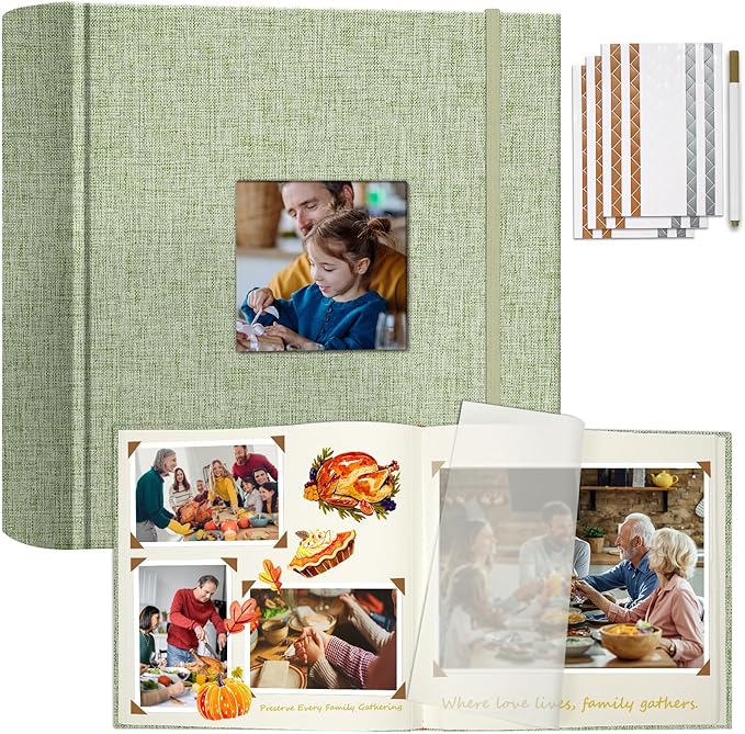 Vienrose Scrapbook Album 12" x 12", Large Linen Photo Album with Writing Space, DIY Scrapbook Supplies for Wedding, Baby, Family Memories & Travel (50 sheets / 100 pages, Grass Green)