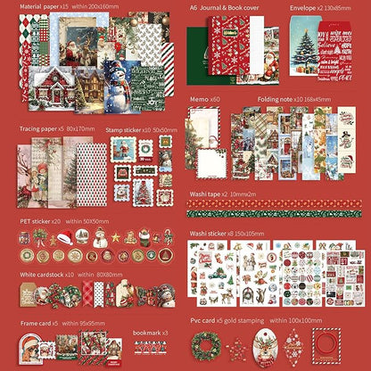Draupnir Christmas Scrapbooking Supplies Kit,New Year Festival Aesthetic Scrapbook Stickers Kit for Junk Journal,Stationery,Bullet A6 Grid Notebook DIY Scrapbook Craft Christmas Gift