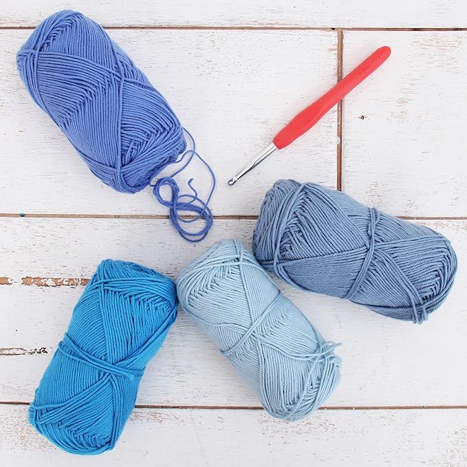 Threadart Cotton Crochet Yarn Set - Summer Blue Colors - Pack of 4 Skeins, 50 Grams Each - Fine #2 Yarn, 165 Yds per Skein