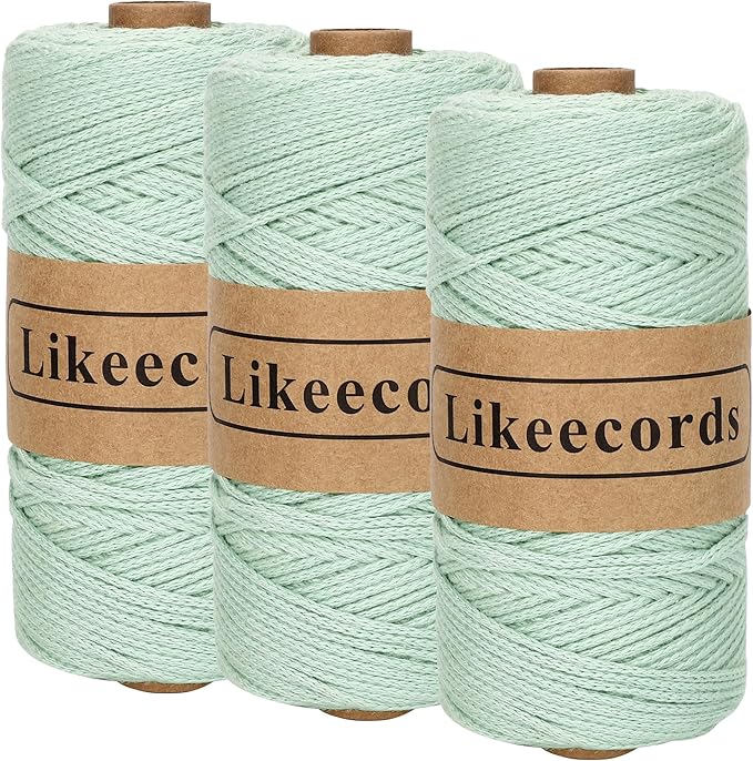 100% Cotton Crochet Yarn for Bag,3 Rolls/Pack 2mm x 510m,Macrame Cord,Chunky Yarn for Crocheting Handbag, Purse,Blankets Crafts Projects (Apple Green)