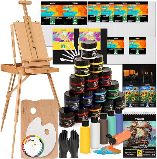 VISWIN Acrylic Paint Set with French Easel, Professional Painting Kit with Acrylic, Pouring Paints, Brushes, Canvas, Art Supplies, Art Set for Adults, Artists, Beginners