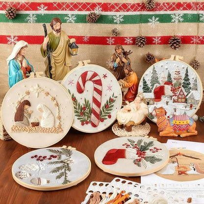 QBQBQ 4 Sets Christmas Embroidery Kits for Adults, Embroidery Kit for Beginners, Cross Stitch Kits for Beginners with Pattern, Needles, Threads, Tools (Christmas Kits B)