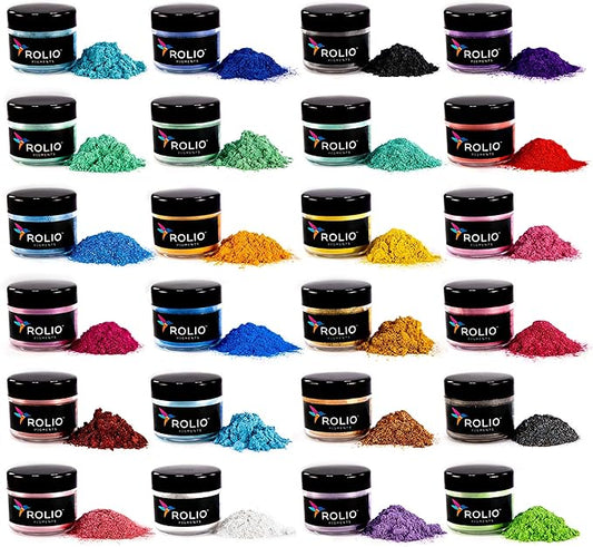 Rolio Premium Mica Powder Pearlescent Color Pigment - Art Set for Epoxy Resin - for Soap Making, Nail Polish, Lip Gloss, Eye Shadow, Slime & Candle Jars - 10g, 24 Jars - (Original Set)