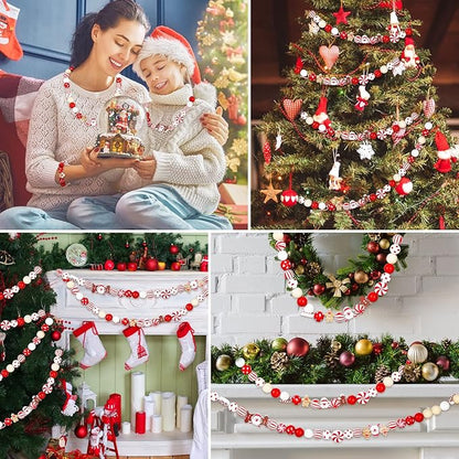 Waydress 200 Pcs Christmas Beads for Crafts Christmas Wooden Beads Bulk for Jewelry Making Red and White Beads Xmas Santa Gingerbread Candy Beads for Christmas Tree Garland DIY Holiday Hanging Decor