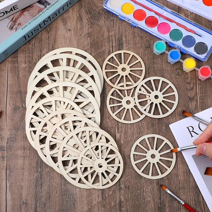 Wooden Wheels for Crafts, 15Pcs 3 Sizes Unfinished Wood Wagon Wheel Decor Blank Wood Slices Hanging Ornaments for DIY Home Party Decoration