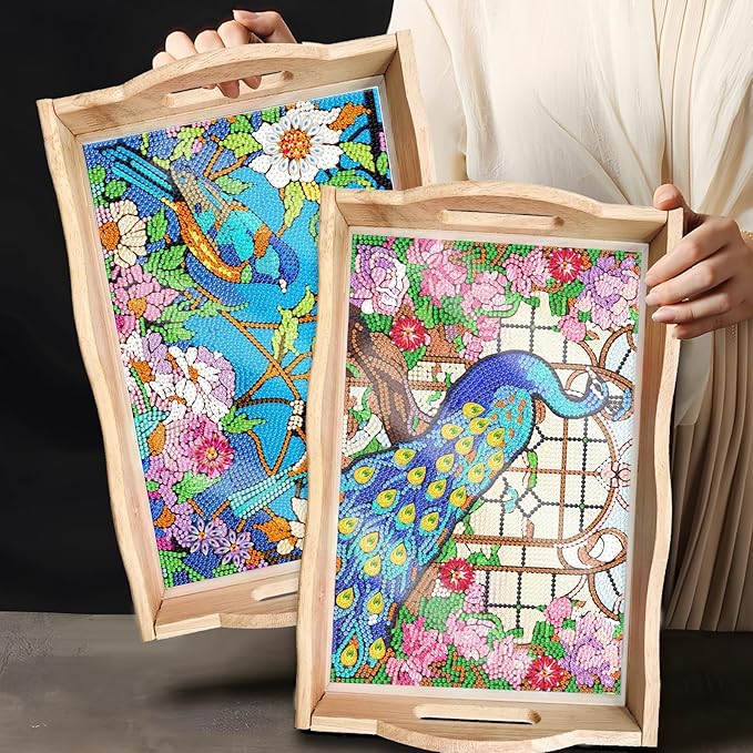 DIY Diamond Art Wooden Tray Kit, Food Tray with Handle Diamond Painted Table Decoration Tray, for Breakfast, Bar Dinner Table Diamond Dots Gem Painting Art Set for Beginners (#03-Peafowl)