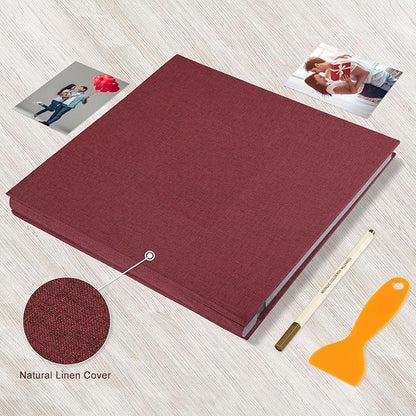 Photo Album Self Adhesive Pages Black Sticky Pages Large Scrapbook Linen Cover for 4x6 5x7 8x10 Pictures Album de Fotos Wedding Couples Baby Family Memory Book, 11x10.6 Red 40 Pages