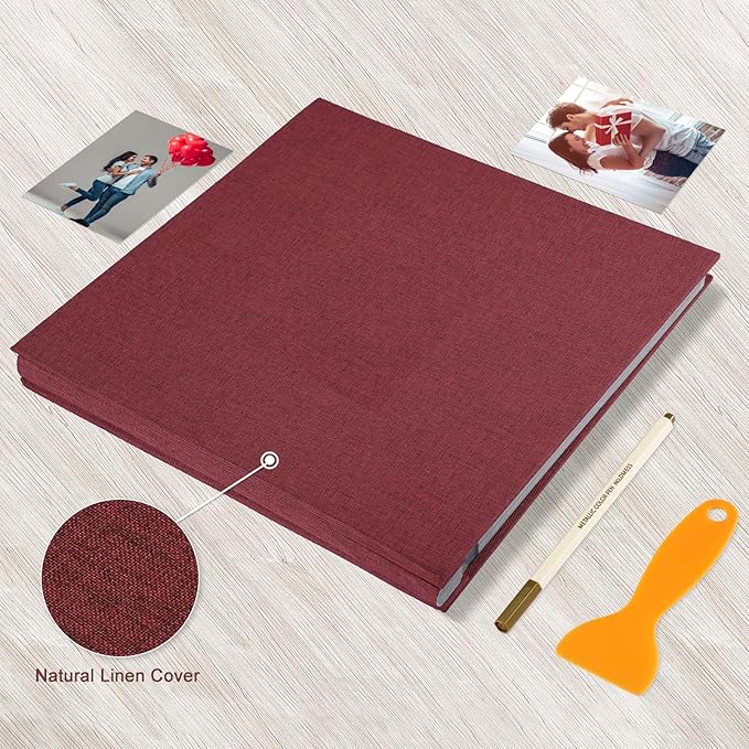 Photo Album Self Adhesive Pages Black Sticky Pages Large Scrapbook Linen Cover for 4x6 5x7 8x10 Pictures Album de Fotos Wedding Couples Baby Family Memory Book, 11x10.6 Red 60 Pages