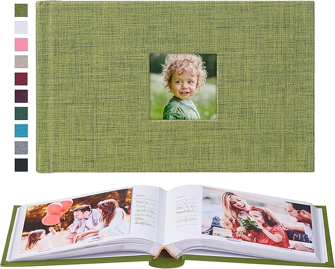 Mublalbum Small 4x6 Photo Album Linen Cover with Memo Areas Photobook Pictures Book Holds Horizontal Pockets for Wedding Family Baby and Vacation (Green)