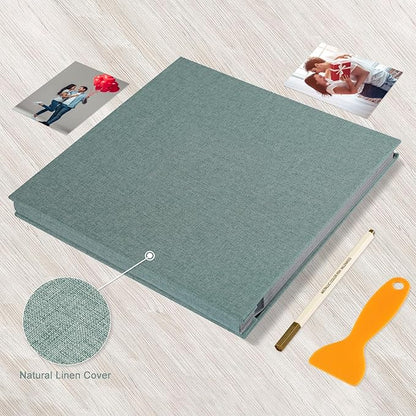 Photo Album Self Adhesive Pages Black Sticky Pages Large Scrapbook Linen Cover for 4x6 5x7 8x10 Pictures Album de Fotos Wedding Couples Baby Family Memory Book, 11x10.6 Green 40 Pages
