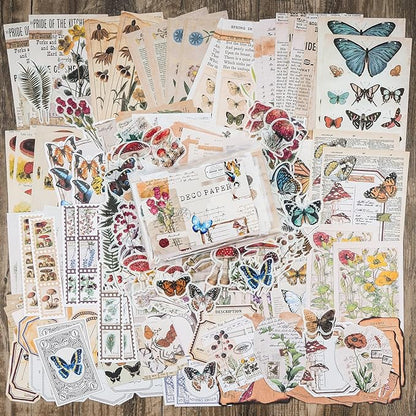Knaid Vintage Scrapbook Supplies Pack (200 Pieces) for Junk Journal Bullet Journals Planners Botanical Paper Stickers Craft Kits Aesthetic Cottagecore Collage Album (Nature)