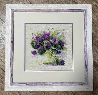 RIOLIS - Violets in a Pot 2091, Cross Stitch Kits 8¾" x 8¾", Cross Stitch Kits for Adults, Floral Counted Cross Stitch Kits, Embroidery Kit for Beginners & Advanced, Crossstitching Kits