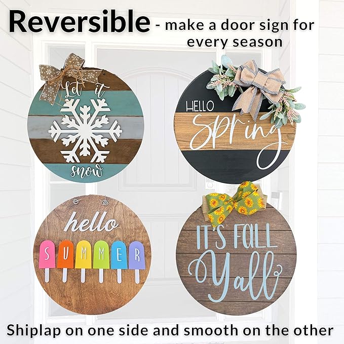 Unfinished Wood Rounds for Crafts - 2 Pack of 14 Inch Diameter Reversible Wood Circles with Real Wood Veneer That Will Not Warp, Wood Slices with Smooth Side and Embossed Shiplap Side by CADE + KAI