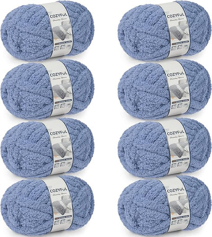 Chunky Yarn for Hand Knitting - #10 Chunky Chenille Yarn, Jumbo Big Thick Chunky Yarns for Crocheting, Super Bulky Chunky Knit Blanket Yarns, 8 Skein (25 yds 8 oz Each Skein), Blue Gray