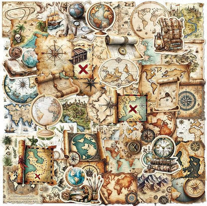 PRSTINCOL 100Pcs Vintage Sticker Pack,Cute Map Design Scrapbook Supplies, Vintage Aesthetic Junk Journal Accessories, Waterproof Vinyl Stickers for Water Bottles, Planners, Journals