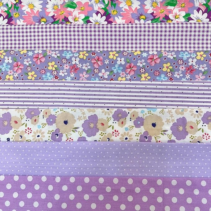 7Pcs 20" x 20" Cotton Fabric DIY Making Supplies Quilting Patchwork Fabric Fat Quarter Bundles DIY for Quilting Cotton Patchwork Cushions (Purple Flowers, 20" x 20")