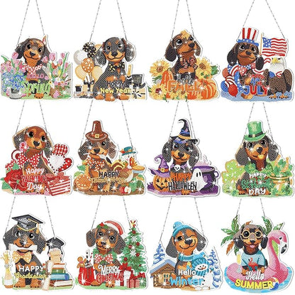 Cinnvoice 12 Pcs Seasonal Diamond Art Wreath Kits Holiday 5d DIY Diamond Art Hanging Signs Winter Spring Ornaments for Wall Door Decoration(Dachshund)