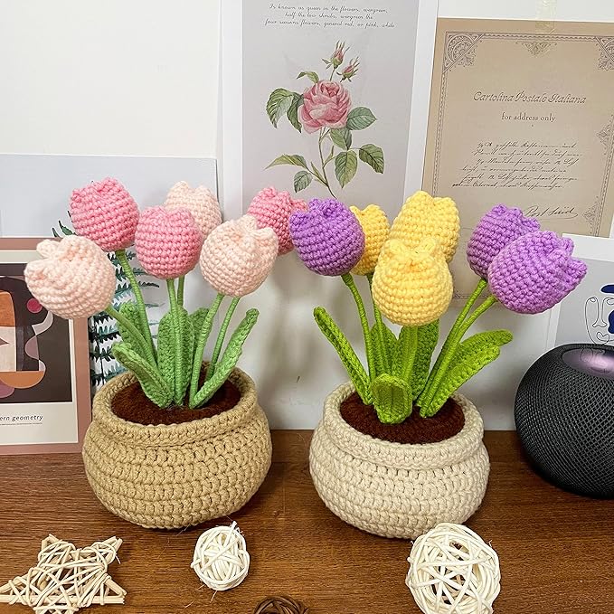 Lily's Lyric Flower Crochet Kit | Tulip Flowerpot | Step-by-Step Video Tutorial for Adults Teenagers | DIY Home Decoration Craft Gift Idea Purple&Yellow