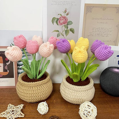 Lily's Lyric Flower Crochet Kit | Tulip Flowerpot | Step-by-Step Video Tutorial for Adults Teenagers | DIY Home Decoration Craft Gift Idea Purple&Yellow
