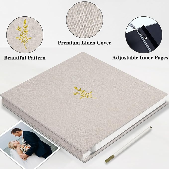 Remowith Self Adhesive Photo Album, Beige Scrapbook Album with DIY 60 Blank Pages, Wedding Photo Album with A Metallic Pen for 4x6 5x7 2x3 Pictures, 10.6"x11"