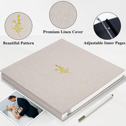 Remowith Self Adhesive Photo Album, Beige Scrapbook Album with DIY 60 Blank Pages, Wedding Photo Album with A Metallic Pen for 4x6 5x7 2x3 Pictures, 10.6"x11"