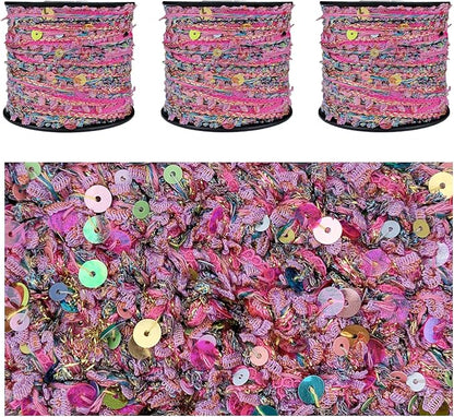 Artisanal Yarn Collection Multifiber Fancy Yarn for Knitting Crocheting Crafts DIY, Set of 3 Rolls (Fuchsia with Colorful Sequins)