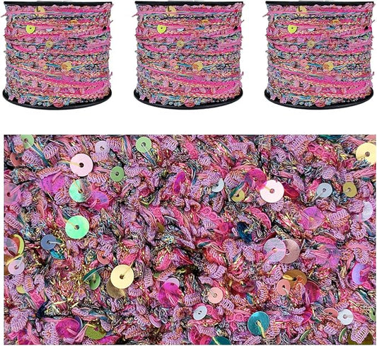 Artisanal Yarn Collection Multifiber Fancy Yarn for Knitting Crocheting Crafts DIY, Set of 3 Rolls (Fuchsia with Colorful Sequins)