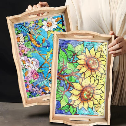 DIY Diamond Art Wooden Tray Kit With Handle, Food Tray for Breakfast, Bar Dinner Table Decoration, Diamond Dots Gem Painting Art Set for Beginners (#02-Birds)