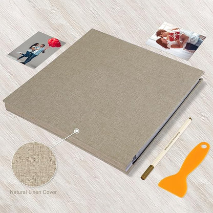 Photo Album Self Adhesive Pages Black Sticky Pages Large Scrapbook Linen Cover for 4x6 5x7 8x10 Pictures Album de Fotos Wedding Couples Baby Family Memory Book, 11x10.6 Yellow 60 Pages