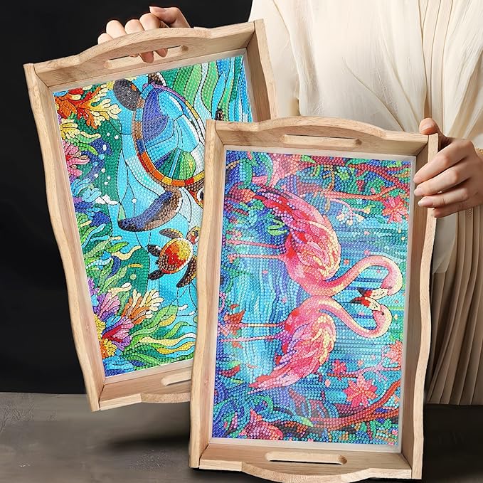 DIY Diamond Art Wooden Tray Kit, Food Tray with Handle Diamond Painted Table Decoration Tray, for Breakfast, Bar Dinner Table Diamond Dots Gem Painting Art Set for Beginners-#28-Sea Turtles