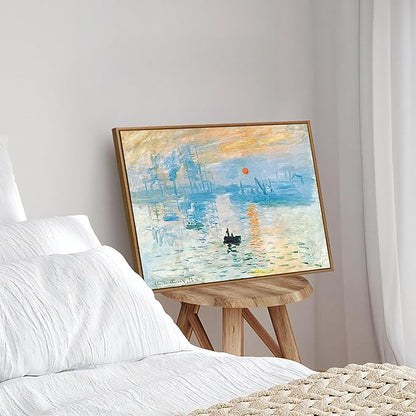 WENGTIAO Impression Sunrise Claude Monet Framed Canvas Wall Art Prints Natural Sunrise Scenery Oil Paintings Reproduction Blue Seascape Canvas Picture Artwork Decor for Living Room Bedroom 16x24 inch