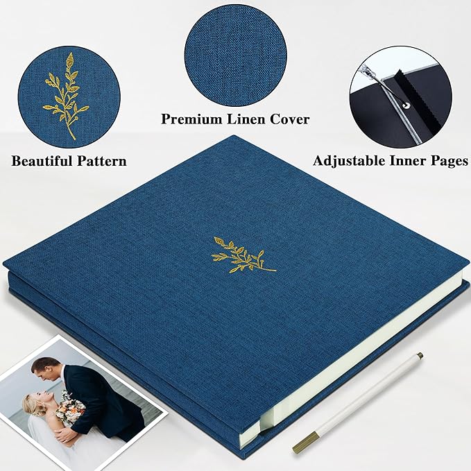 Remowith Self Adhesive Photo Album, Navy Blue Scrapbook Album with DIY 60 Blank Pages, Wedding Photo Album with A Metallic Pen for 4x6 5x7 2x3 Pictures,12.9"x13.4"