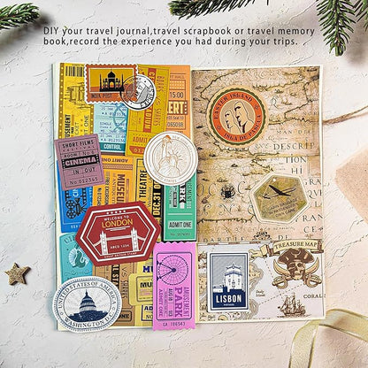 Prstincol 300 Pcs Vintage Travel Stickers Ticket Stickers for Journaling,Luggage Sticker Stub Vintage Sticker for Junk Journal Crafts Laptop Water Bottle Album Scrapbook