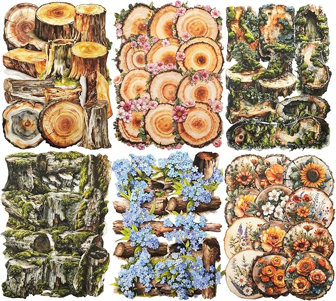 AuriicLeaf Nature Wood Slice Sticker Set, 120PCS Vintage Designs with Flowers, Moss, Logs and Botanical Elements for Journaling, Scrapbooking and Crafts