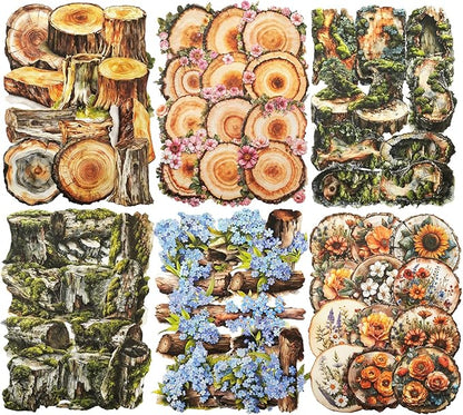 AuriicLeaf Nature Wood Slice Sticker Set, 120PCS Vintage Designs with Flowers, Moss, Logs and Botanical Elements for Journaling, Scrapbooking and Crafts