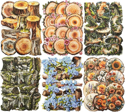 AuriicLeaf Nature Wood Slice Sticker Set, 120PCS Vintage Designs with Flowers, Moss, Logs and Botanical Elements for Journaling, Scrapbooking and Crafts